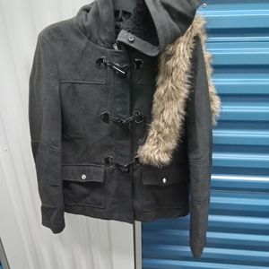 BCBG PARIS PEACOAT HOOD JACKET WITH  DETACHABLE FUR COLLAR